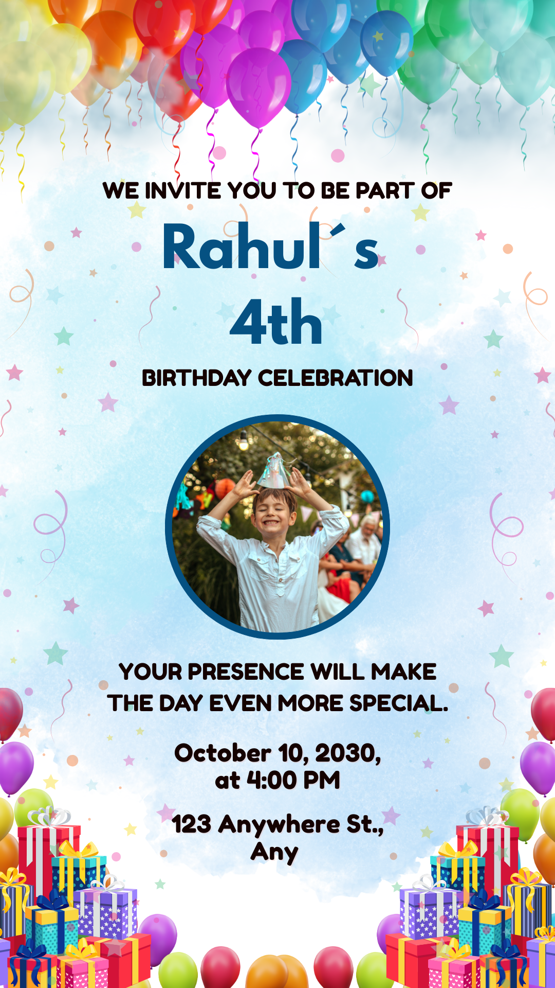 4th Birthday Invitation Templates | Balloons & Gifts Theme -  Printable, Personalized, Digital & Evites