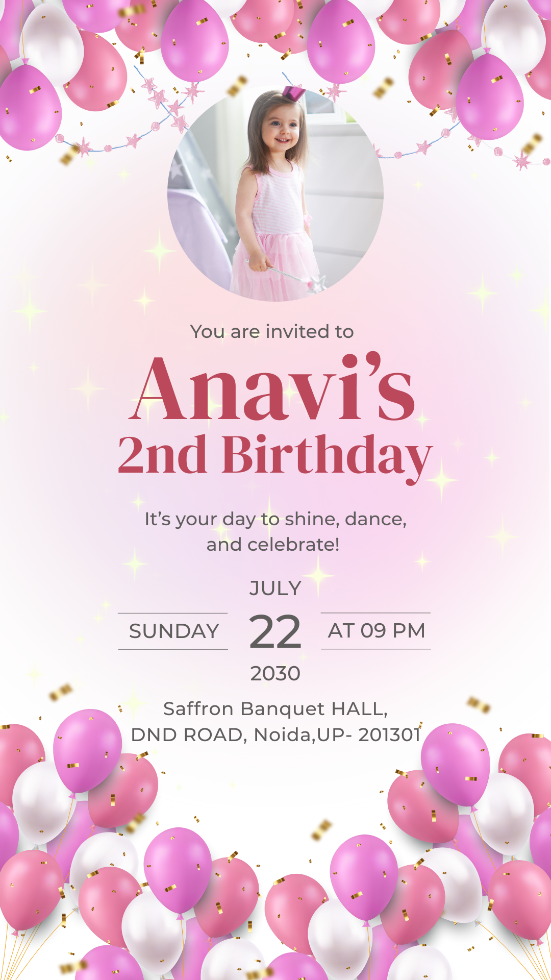 Elegant Pink Balloon Theme Birthday Invitation Card