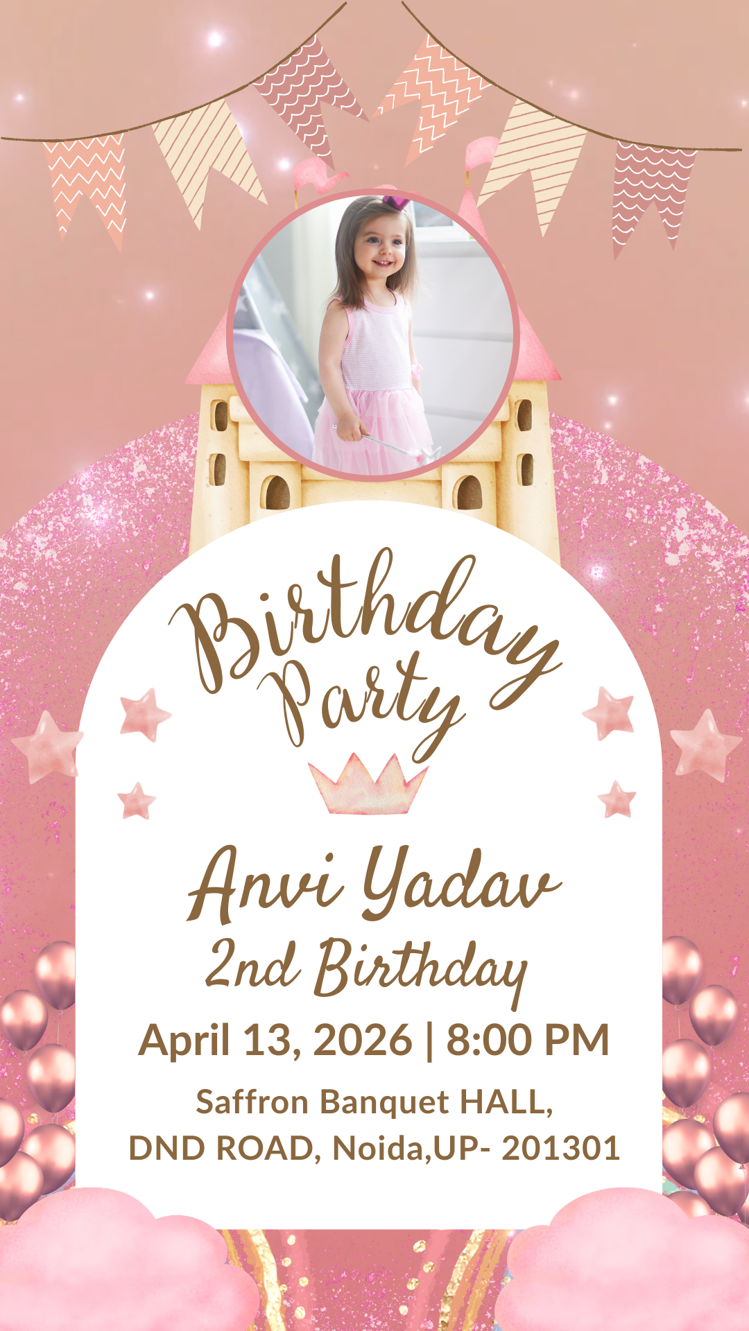 2nd Year Birthday Card In Pink Castle Design