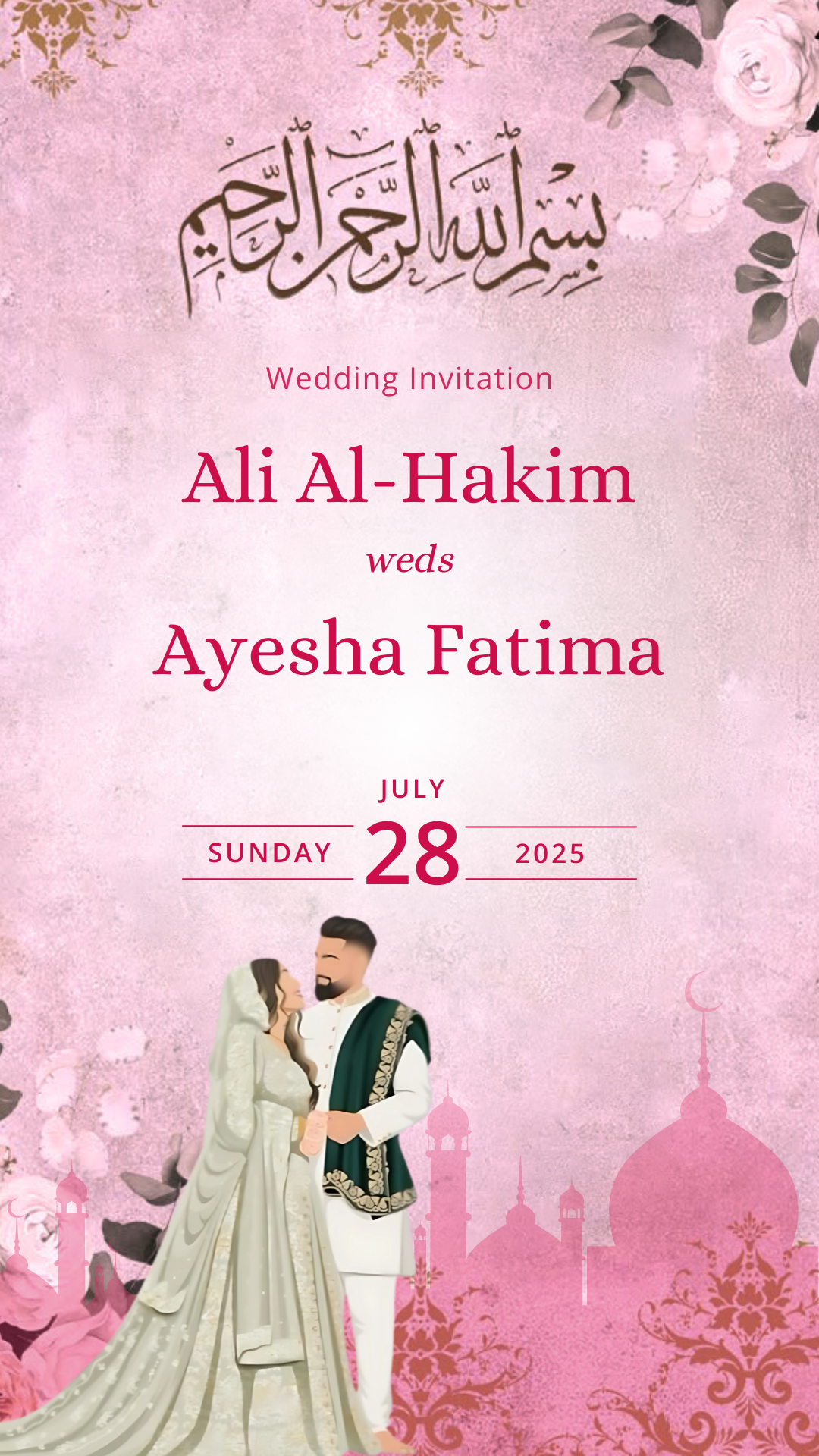 Muslim Pink Wedding Invitation — Digital Editable E-Card