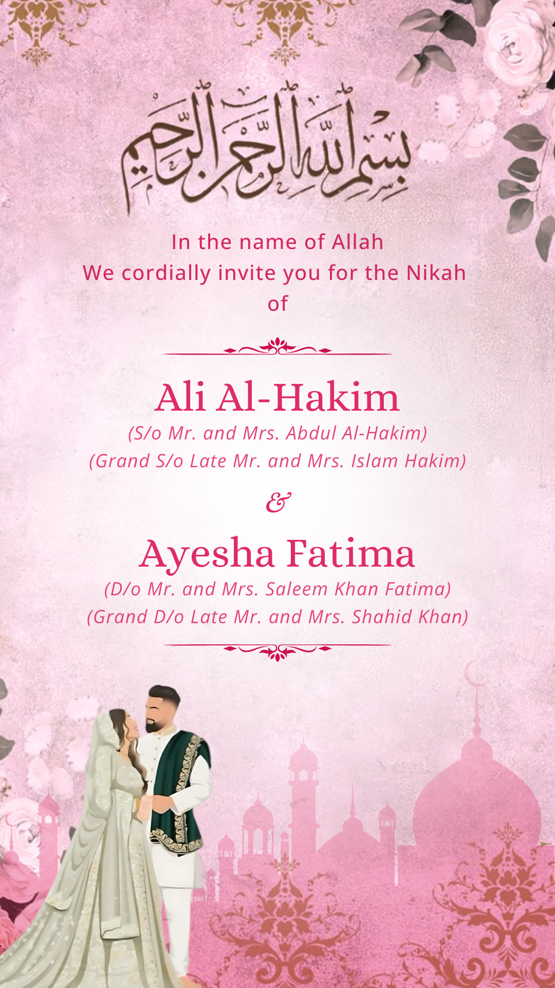 Muslim Pink Wedding Invitation — Digital Editable E-Card