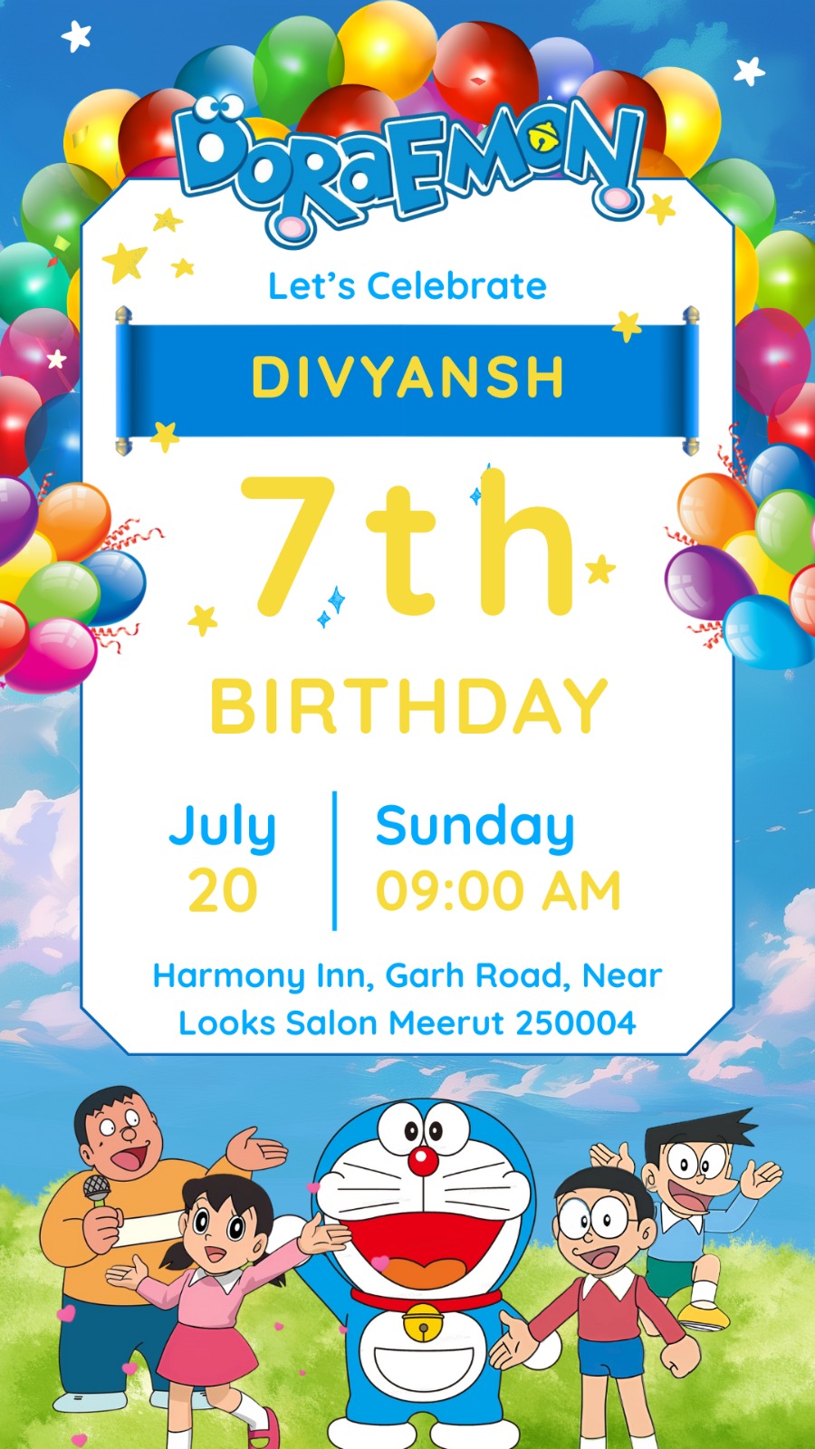 colorful Doraemon birthday invitation