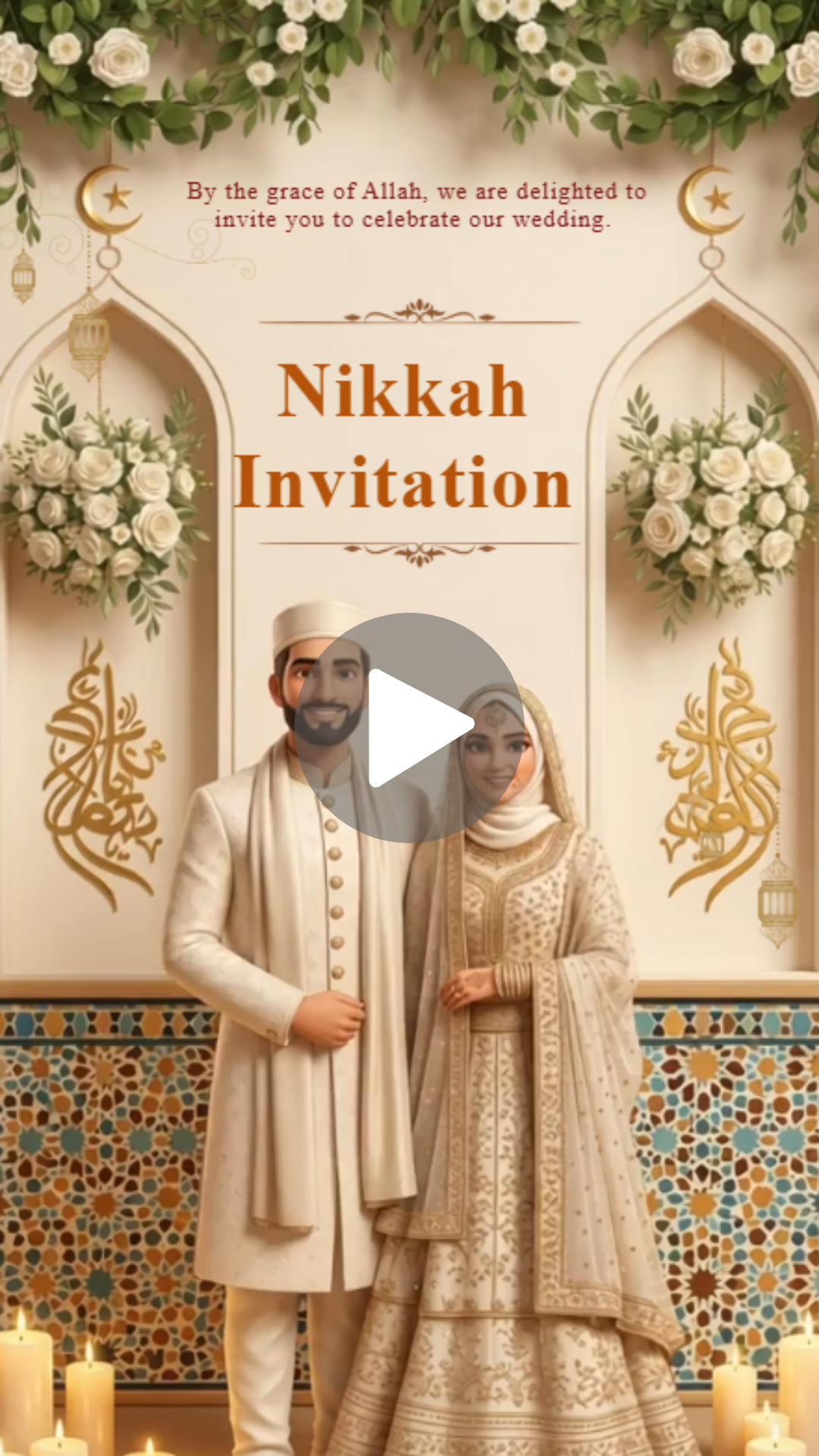 AI Generated Muslim Wedding Invitation Video with Couple & Floral Decor - Video Invitation Preview